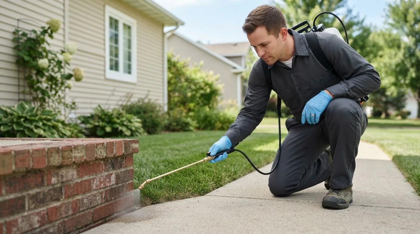 Pest control technician treating a home near Baldwin, MI