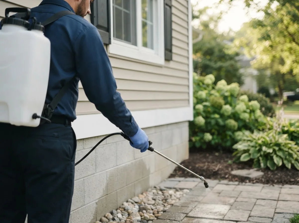 Pest control technician inspecting a home in Baldwin, MI